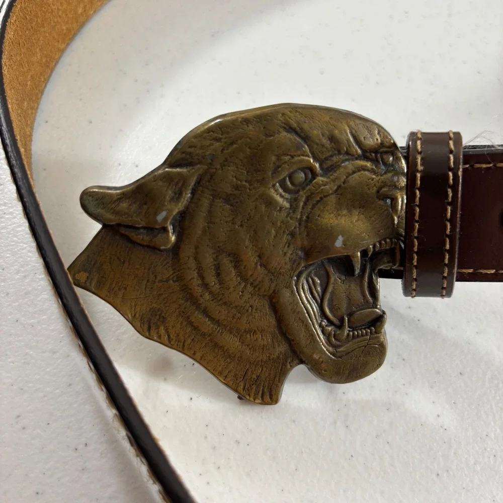 VTG Full Grain Cowhide Leather Belt Bergamont Brass Panther Head Buckle USA 38